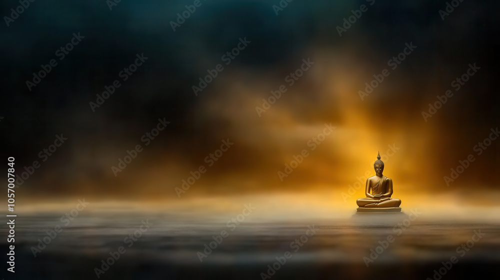 serene scene featuring Golden Buddha statue surrounded by mist and soft light, evoking tranquility and peace serene scene featuring Golden Buddha statue surrounded by mist and soft light, evoking tranquility and peace