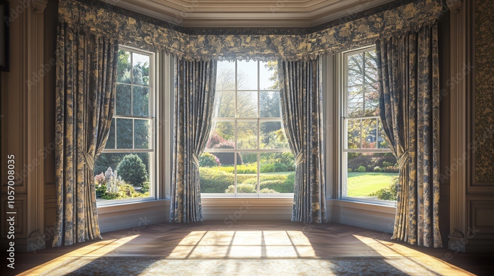 A sunlit room features elegant drapes framing large windows that open to a lush garden, creating a cozy, inviting atmosphere. A sunlit room features elegant drapes framing large windows that open to a lush garden, creating a cozy, inviting atmosphere.