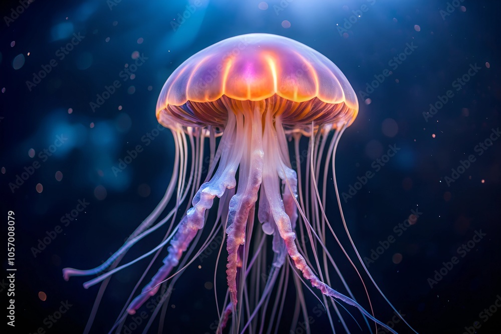 A cute single jellyfish glowing softly in dark waters, with tentacles gracefully spreading below, capturing the mystique of the deep sea A cute single jellyfish glowing softly in dark waters, with tentacles gracefully spreading below, capturing the mystique of the deep sea