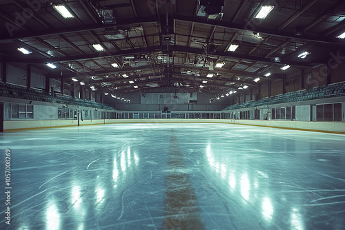 An empty ice arena for hockey or figure skating.