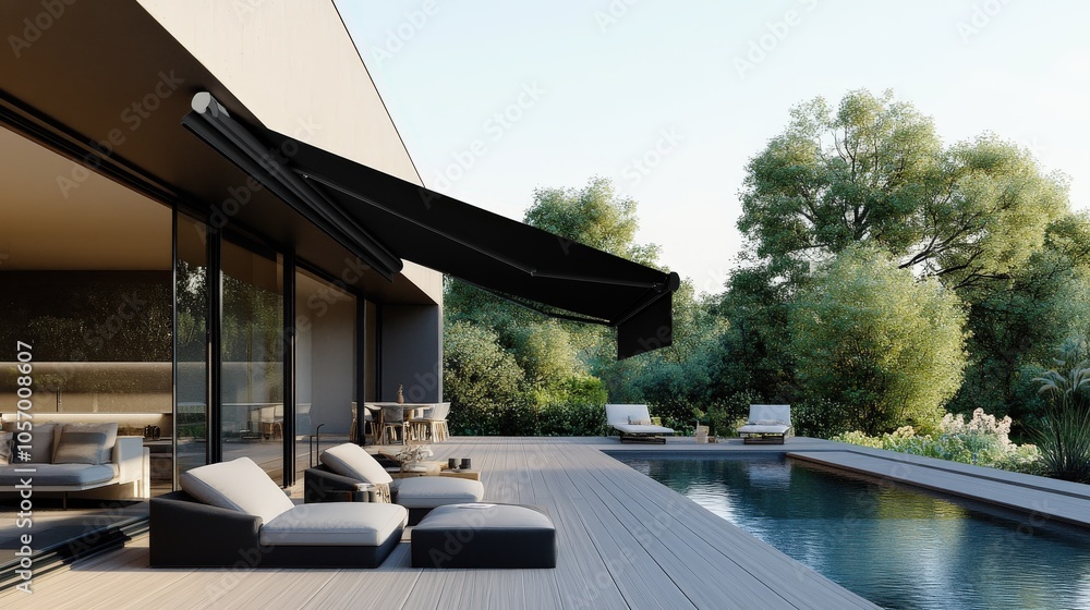 Fototapeta premium A modern patio with a pool surrounded by lush greenery, featuring stylish seating and a retractable awning for shade.