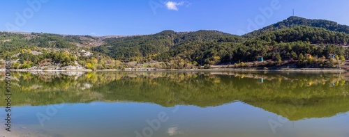 Cubuk Lake in Goynuk District of Bolu, Turkey. Beautiful lake view with windmills.