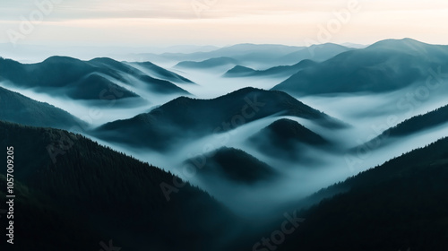 Panoramic view of misty mountain range with layers of fog drifting between the hills, creating a serene and atmospheric landscape at dawn or dusk.