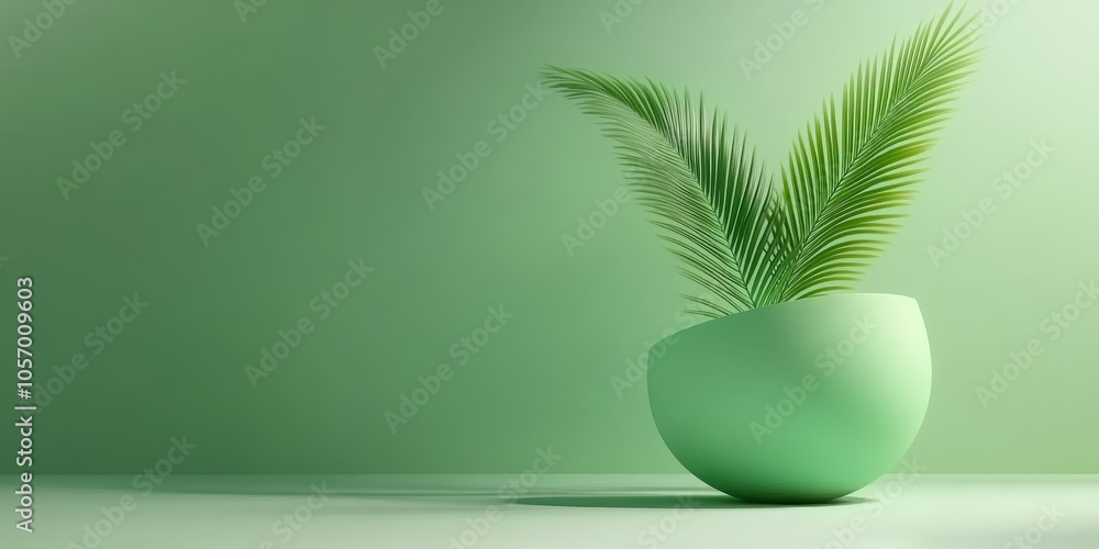 Minimalist Green Palm Leaf in Pot on Green Background Minimalist Green Palm Leaf in Pot on Green Background