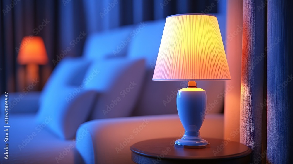 Modern Living Room Night Lamp Cozy Interior Design with Sectional Sofa and Blue Lighting Modern Living Room Night Lamp Cozy Interior Design with Sectional Sofa and Blue Lighting
