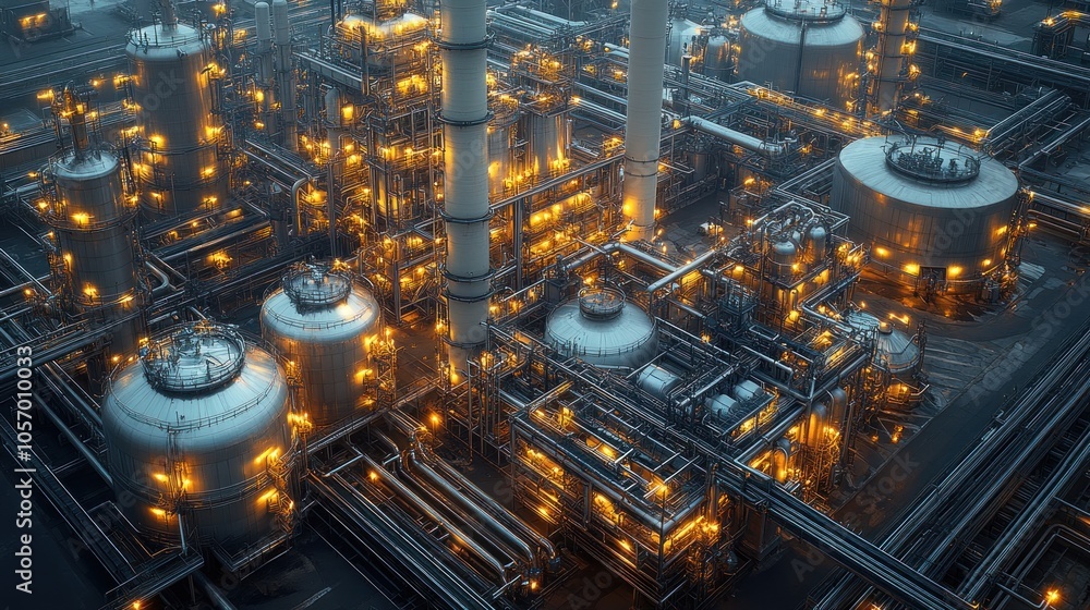 Industrial facility with illuminated pipelines and storage tanks. Industrial facility with illuminated pipelines and storage tanks.