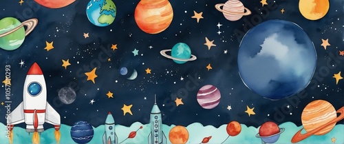 Colorful Watercolor Illustration of Space Elements with Rockets, Planets, and Astronauts for International Space Flight Day