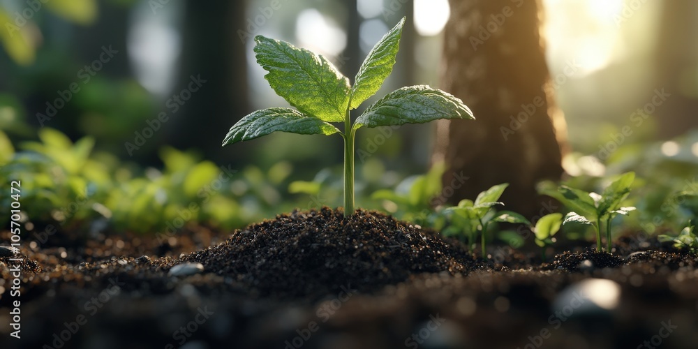 Young Plant Growing in Forest Soil at Sunset Nature Background Young Plant Growing in Forest Soil at Sunset Nature Background