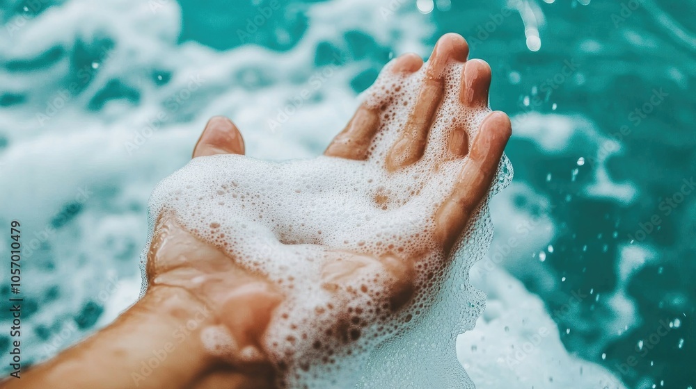 Soapy hands scrubbing with thick lather, bubbles covering palms and fingers, water running for a hygienic clean. Soapy hands scrubbing with thick lather, bubbles covering palms and fingers, water running for a hygienic clean.