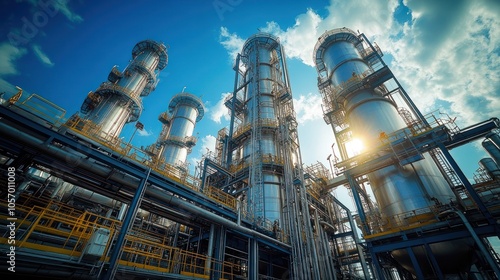 A low-angle view of a chemical plant with tall towers and intricate piping against a bright blue sky with sunbeams.