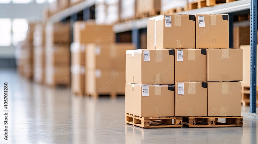 Stacked cardboard boxes on pallets in a warehouse aisle, showcasing organized storage and logistics operations. Stacked cardboard boxes on pallets in a warehouse aisle, showcasing organized storage and logistics operations.