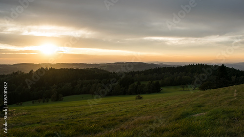 Sunset from Panský kopec in the Orlické Mountains and a view of the Czech landscape.