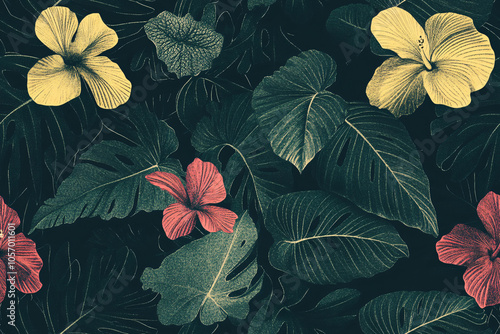 Seamless repetitive pattern of colorful jungle flowers like hibiscus, orchids, and birds of paradise photo