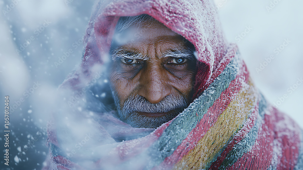 Old Indian Man in Snow with Scarf: A close-up image of an elderly Indian man with weathered skin and freckles, partially hidden behind a pastel, neon-striped wool scarf in snowy surroundings. Old Indian Man in Snow with Scarf: A close-up image of an elderly Indian man with weathered skin and freckles, partially hidden behind a pastel, neon-striped wool scarf in snowy surroundings.