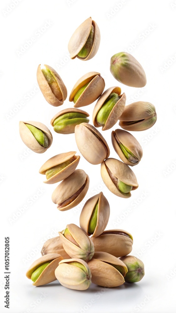 Falling pistachios on a white background. Falling pistachios on a white background.