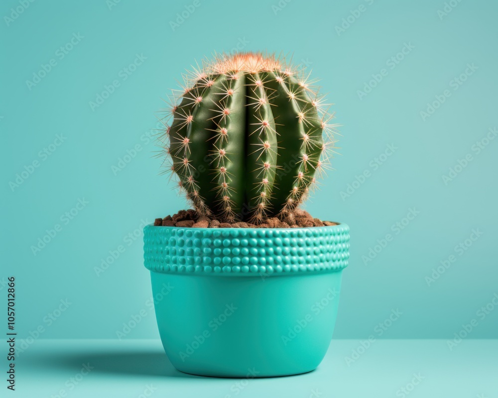 Cactus in a pot on a bright blue background Cactus in a pot on a bright blue background