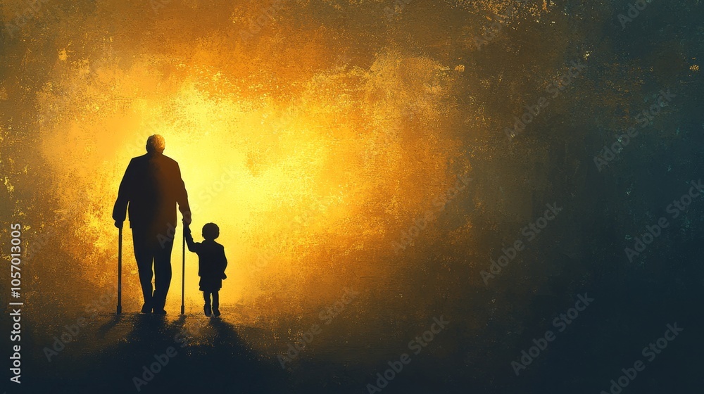Heartwarming silhouette of an elderly person with a cane, gently holding hands with a child, both walking towards a soft, glowing light, symbolizing connection and shared journey Heartwarming silhouette of an elderly person with a cane, gently holding hands with a child, both walking towards a soft, glowing light, symbolizing connection and shared journey