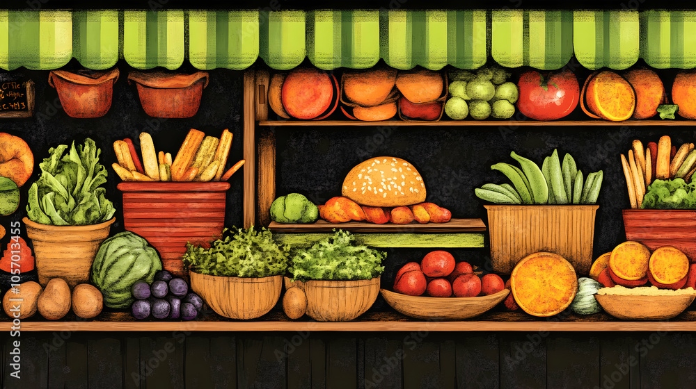 A colorful and vibrant illustration of a fruit and vegetable stand, showcasing a variety of fresh produce. A colorful and vibrant illustration of a fruit and vegetable stand, showcasing a variety of fresh produce.