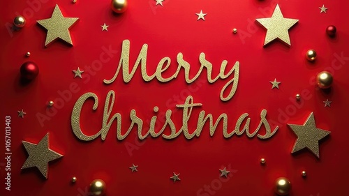 Golden Inscription merry Christmas on red background, surrounded by golden stars.