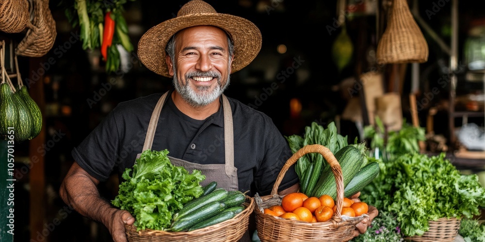 Happy Asian Male Gardener Holding Baskets of Fresh Produce Happy Asian Male Gardener Holding Baskets of Fresh Produce