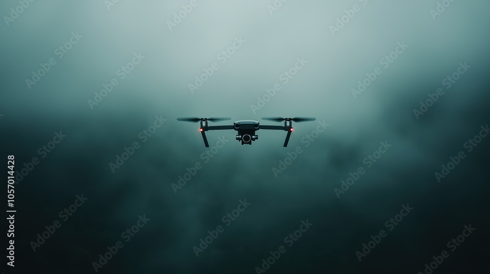 Drone hovering in a misty sky, creating a sense of mystery and exploration. Drone hovering in a misty sky, creating a sense of mystery and exploration.