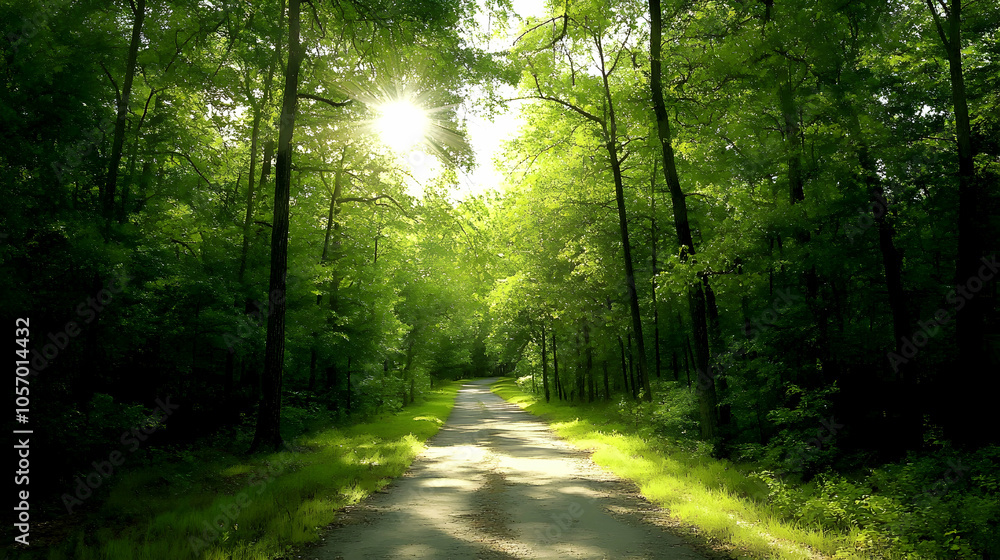 Fototapeta premium A paved road winds through a lush green forest with sunlight streaming through the trees.