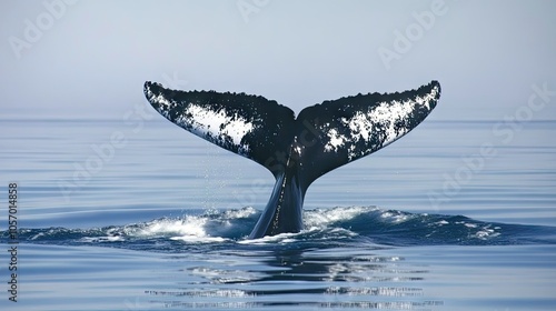 Whale tail poised above calm ocean water, small waves reflecting sunlight around the graceful curve of the tail.