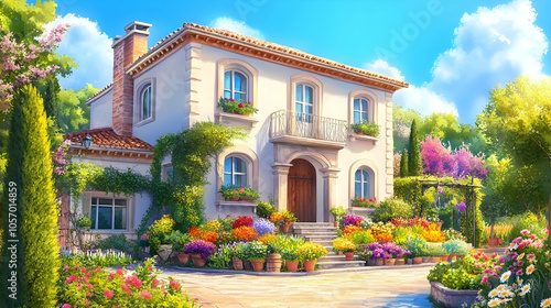 A picturesque white villa with a lush flower garden, sunny sky, and terracotta roof.