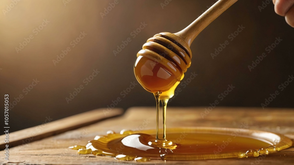 Closeup of honey dripping from a wooden dipper Closeup of honey dripping from a wooden dipper