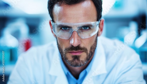 Focused scientist in lab coat and goggles, analyzing samples in modern laboratory, white isolate background.