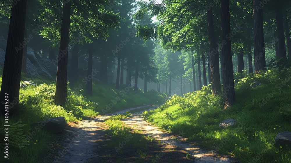Sunlit forest path surrounded by trees Sunlit forest path surrounded by trees