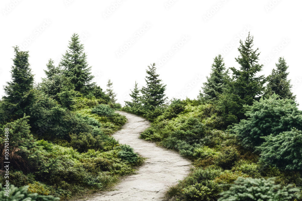 A peaceful path winding through lush greenery and dense pine trees, inviting exploration and adventure. A peaceful path winding through lush greenery and dense pine trees, inviting exploration and adventure.