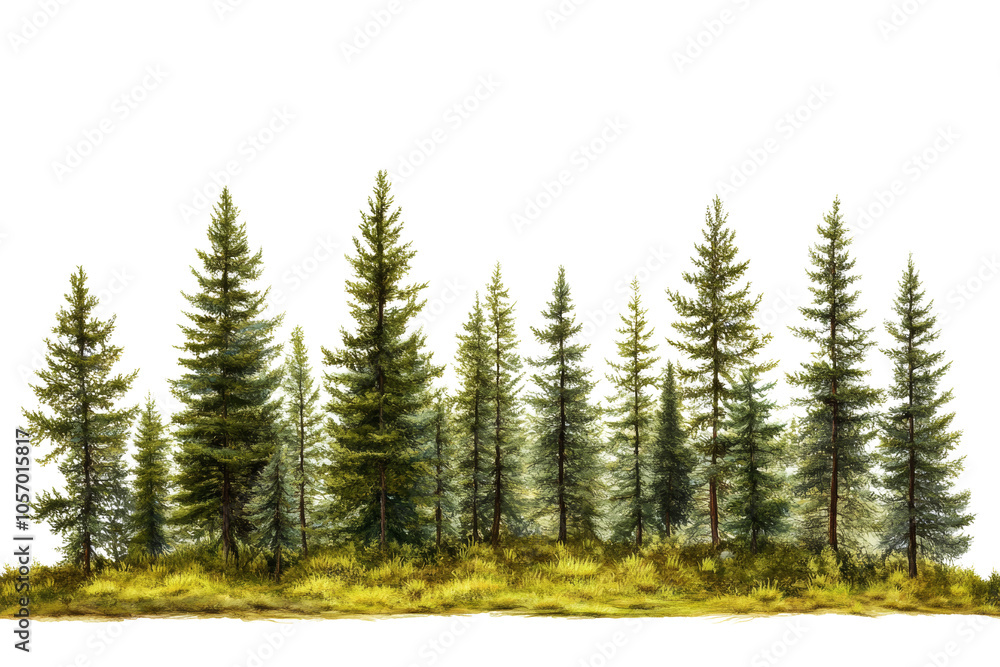 Fototapeta premium A serene collection of tall evergreen trees against a white isolated background, perfect for nature-themed designs.