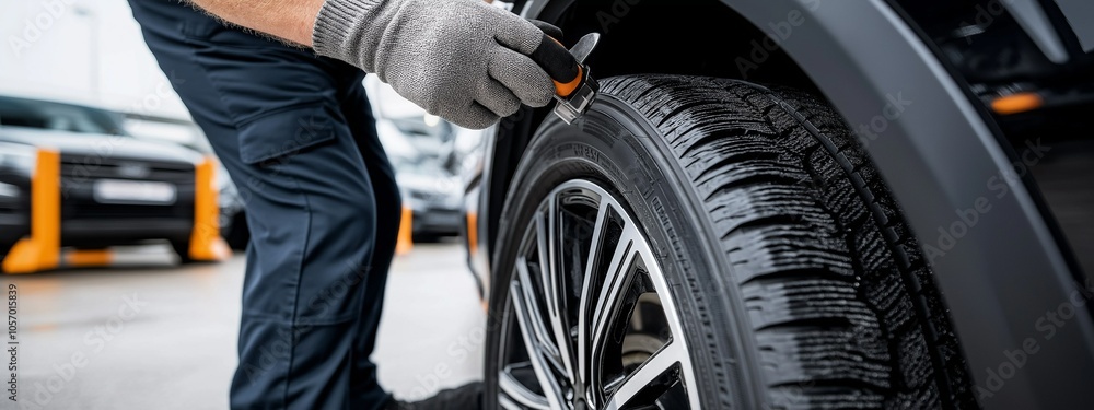 Auto repair worker works with a car wheel. Tire service. Car repair and maintenance. Seasonal replacement of car tires Auto repair worker works with a car wheel. Tire service. Car repair and maintenance. Seasonal replacement of car tires