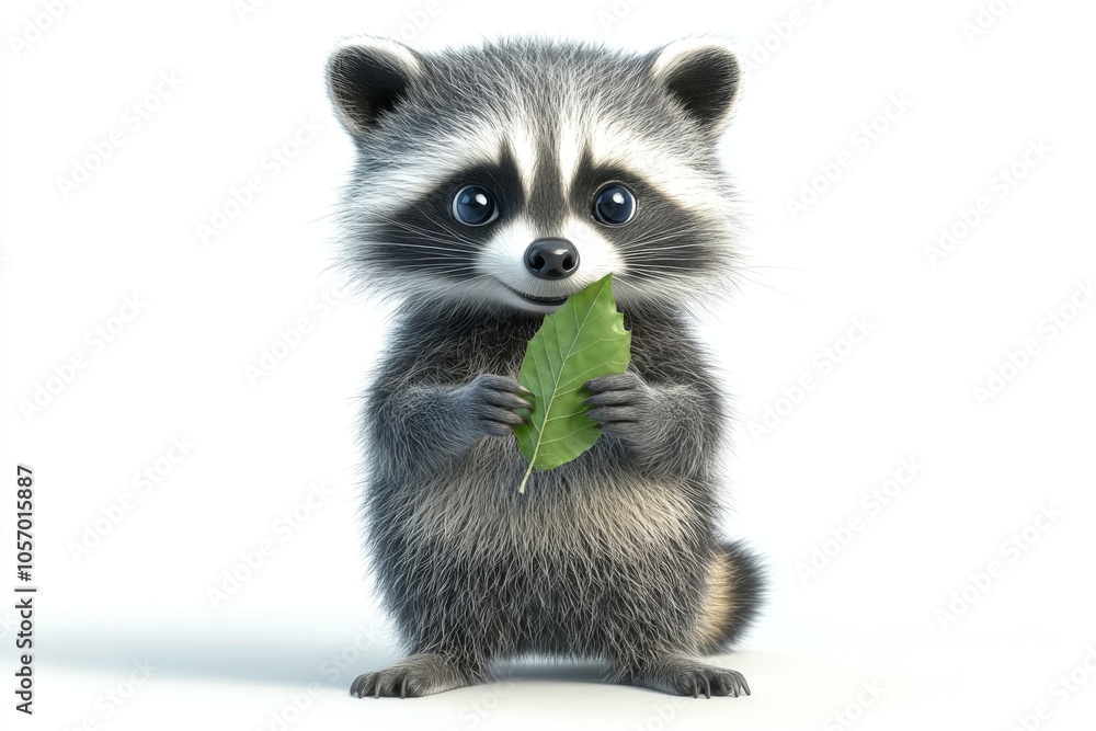 Fototapeta premium Cute Cartoon Raccoon Holding a Leaf on White Background