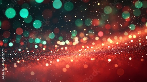 abstract christmas red background with sparkling green bokeh lights