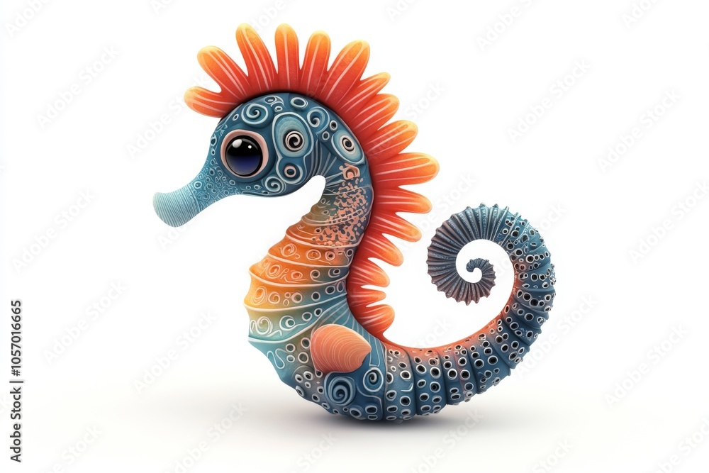 Fototapeta premium Cartoon Sea Horse with Orange Crest and Blue Pattern