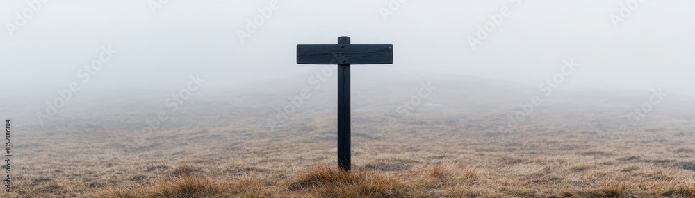 Mysterious foggy landscape with a simple black sign amidst the muted tones of nature. Mysterious foggy landscape with a simple black sign amidst the muted tones of nature.