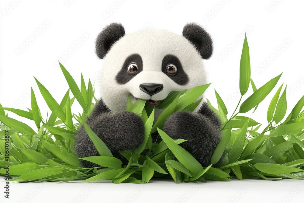 Cute Panda Bear Eating Bamboo Shoots in Green Lush Forest