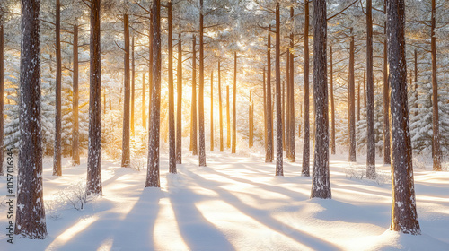 Winter forest with tall pines as sunlight filters through, casting long shadows over snowy ground in a calm and serene natural setting