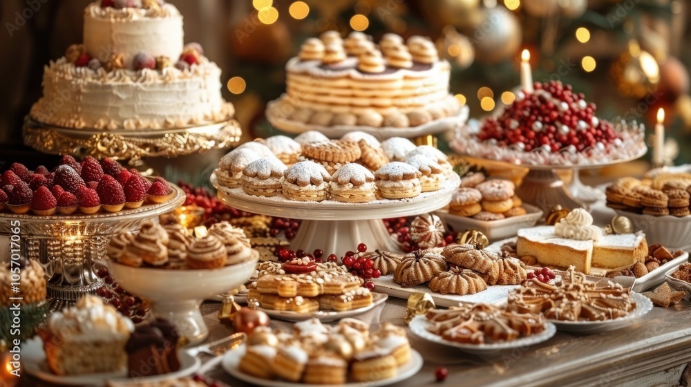 An elegant holiday dessert table filled with cakes, pastries, cookies, and sweets, beautifully decorated for a festive celebration gathering An elegant holiday dessert table filled with cakes, pastries, cookies, and sweets, beautifully decorated for a festive celebration gathering