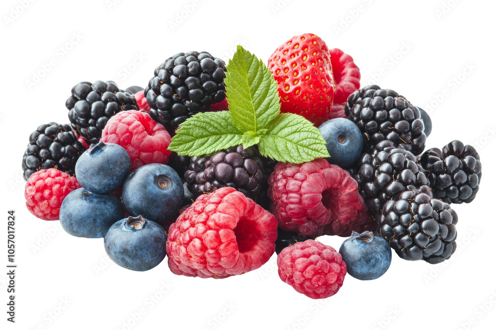 A vibrant assortment of fresh berries including raspberries, blackberries, and blueberries with a mint leaf garnish. A vibrant assortment of fresh berries including raspberries, blackberries, and blueberries with a mint leaf garnish.