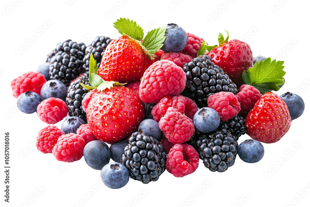 A vibrant assortment of fresh berries including strawberries, raspberries, blueberries, and blackberries, on a white background. A vibrant assortment of fresh berries including strawberries, raspberries, blueberries, and blackberries, on a white background.