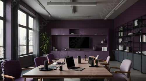 Purple office coworking interior with table and pc monitors.generative.ai