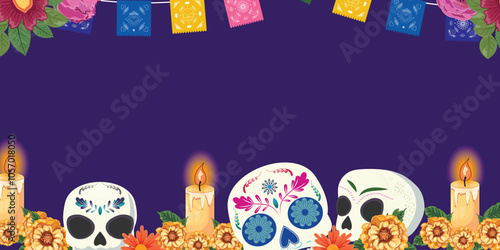 Festive Dia de los Muertos banner with skulls, marigolds, candles, papel picado, and vibrant purple background