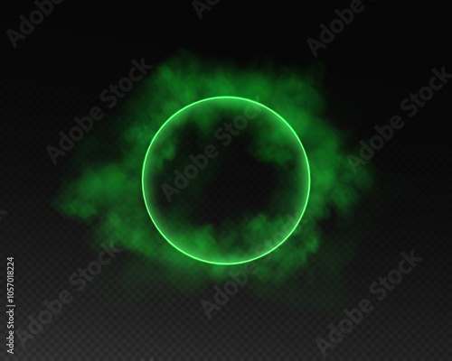 A magical portal in fantasy style. Round light frame with green smoke and dust, futuristic teleporter. Green neon lights illuminate night scene on transparent background. Light effect