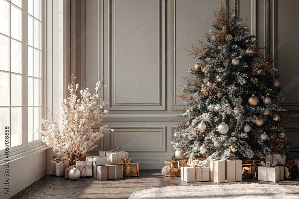 Minimalist 3D holiday setup featuring a decorated tree with gifts and ornaments on a blank wall Minimalist 3D holiday setup featuring a decorated tree with gifts and ornaments on a blank wall