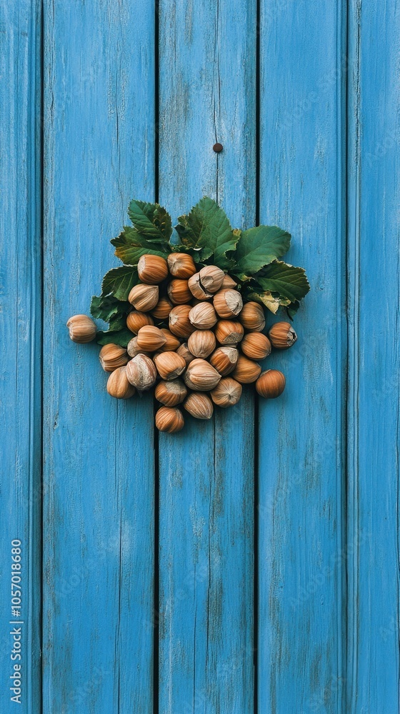 Close-up of hazelnuts arranged with fresh leaves on rustic wooden background, showcasing nature's bounty and artistry of nut production Close-up of hazelnuts arranged with fresh leaves on rustic wooden background, showcasing nature's bounty and artistry of nut production