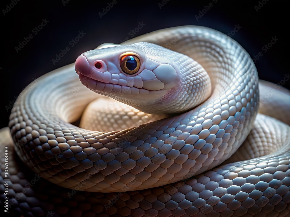 Fototapeta premium Captivating White Snake in Low Light with Mesmerizing Eyes - Nature Photography