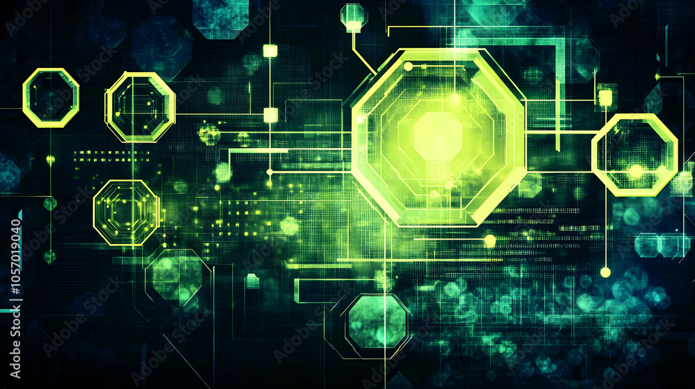 Abstract digital technology background with glowing green and yellow elements. Abstract digital technology background with glowing green and yellow elements.